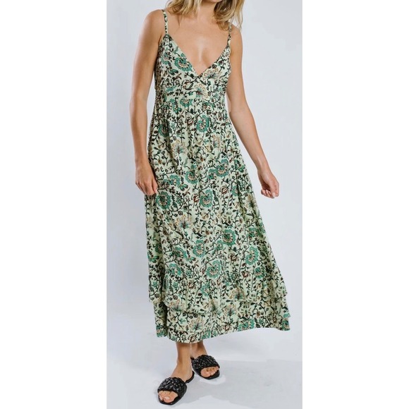 RAGA Dresses & Skirts - Raga Deema Midi Dress Green Floral Block Print Smocked Back V-Neck Boho